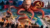 Władimir Putin przedstawiony jako czerwona ośmiornica oplatająca Europę, z mackami sięgającymi Paryża, Rzymu i Nicei. W tle cyberataki, zamieszki uliczne i symbol sierpa i młota.