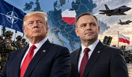 Donald Trump i Karol Nawrocki na tle mapy Europy z zaznaczoną Polską, flagą NATO i myśliwcami F-35.