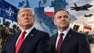 Donald Trump i Karol Nawrocki na tle mapy Europy z zaznaczoną Polską, flagą NATO i myśliwcami F-35.