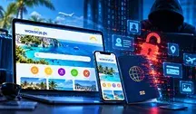 Wyciek danych z Wakacje.pl – laptop i telefon z serwisem turystycznym, paszport oraz symbol cyberataku i kradzieży danych klientów