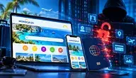Wyciek danych z Wakacje.pl – laptop i telefon z serwisem turystycznym, paszport oraz symbol cyberataku i kradzieży danych klientów