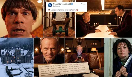 Kolaż horroru z tweetem i siekierą