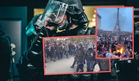 Zdjęcie policjanta oraz fotografie z protestów we Francji