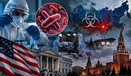 Grafika przedstawiająca śledztwo epidemiologiczne związane z podejrzeniem przypadku dżumy płucnej w Rosji, laboratorium biologiczne, mapę Syberii, służby medyczne oraz symbole USA i Rosji.