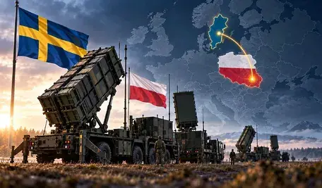 Bateria systemu Patriot ze szwedzką flagą na tle mapy Europy. Polska i Szwecja wyróżnione jako państwa NATO, symboliczne połączenie między Szwecją a Rzeszowem na wschodniej flance Sojuszu.