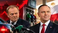 Fotomontaż przedstawiający polityków na tle stacji benzynowej i rosnących cen paliw. Po lewej stronie Donald Tusk, po prawej Karol Nawrocki, w tle dystrybutory paliwa, samochód oraz symbol wzrostu cen.
