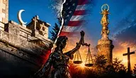 Symboliczna grafika przedstawiająca półksiężyc, krzyż chrześcijański, Gwiazdę Dawida i Temidę na tle flagi USA, ilustrująca spór o równe traktowanie religii w Dearborn.