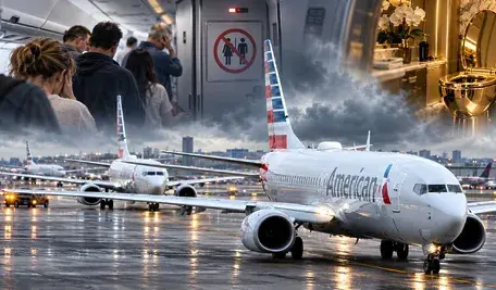 Samolot American Airlines na lotnisku po awaryjnym lądowaniu z powodu awarii sześciu pokładowych toalet podczas lotu do USA