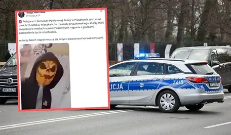 radiowóz policyjny i zdjęcie zamaskowanego nastolatka