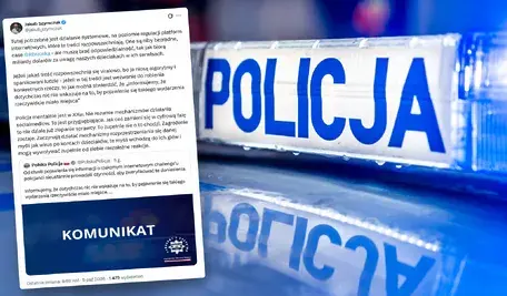 Policyjny komunikat w świetle niebieskich lamp