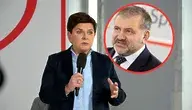 Była premier Beata Szydło podczas wystąpienia publicznego oraz zdjęcie ministra sprawiedliwości  Waldemara Żurka.