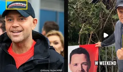 Karol Nawrocki w czapce NOWROCKY i Donald Tusk w bluzie Bognera