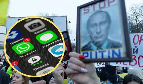 Uczestnicy manifestacji trzymający transparent z wizerunkiem Władimira Putina i napisem "Stop Putin". Obok zdjęcie ekranu telefonu z widocznymi ikonami aplikacji.