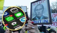 Uczestnicy manifestacji trzymający transparent z wizerunkiem Władimira Putina i napisem "Stop Putin". Obok zdjęcie ekranu telefonu z widocznymi ikonami aplikacji.