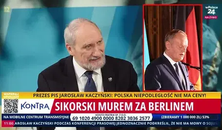 Antoni Macierewicz i Donald Tusk w tle sprawa SAFE i niemiecka flaga