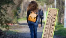 Kobieta z plecakiem spacerująca w parku oraz zdjęcie termometru.