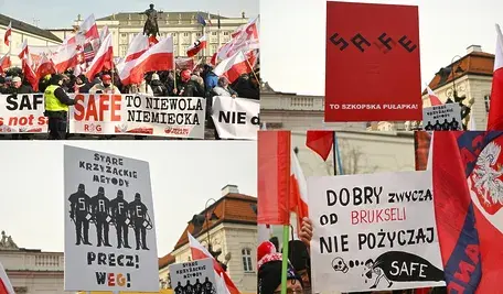 Mocne w treści transparenty przygotowali uczestnicy wiecu "antySAFE" 