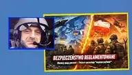 Po lewej stronie zbliżenie na mężczyznę w hełmie pilota w kabinie samolotu, po prawej grafika przedstawiająca żołnierzy na tle mapy Europy przeciętej ognistą linią oraz napis „Bezpieczeństwo reglamentowane. Niemcy mają parasol – Polsce sprzedają wyrzutnie