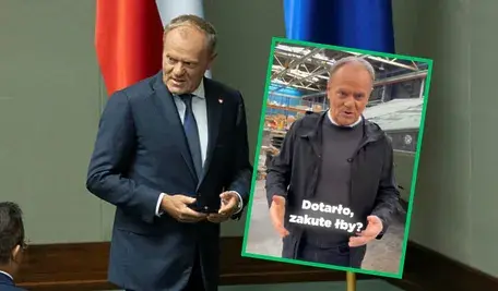 Premier Donald Tusk na sali sejmowej i zdjęcie z nagrania w hucie.