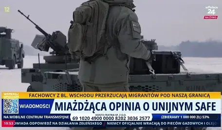 żołnierz na poligonie na antenie telewizji wPolsce24. w tle dyskusja o programie SAFE