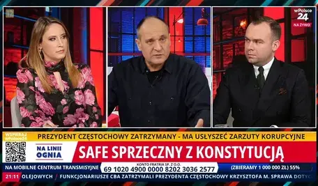 Paweł Kukiz w programie "Na linii ognia" w telewizji wPolsce24. Program prowadzą Marta Piasecka i Szymon Szereda