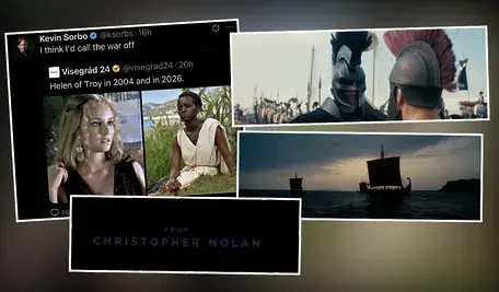 Kolaż grafik nawiązujący do kontrowersji wokół obsady postaci Heleny Trojańskiej. Głównym elementem jest zrzut ekranu z platformy X (dawniej Twitter), na którym aktor Kevin Sorbo komentuje zestawienie dwóch wizerunków Heleny: Diane Kruger z filmu z 2004 roku oraz aktorki o ciemnej karnacji, opatrzonej datą 2026. Poniżej widnieje napis „FROM CHRISTOPHER NOLAN”. Pozostałe fragmenty kolażu przedstawiają kadry z filmu o tematyce antycznej: dwóch wojowników w greckich hełmach na tle armii oraz sylwetki okrętów płynących po morzu o zmierzchu.