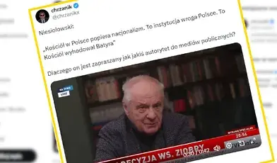 Stefan Niesiołowski atakuje Kościół Katolicki na antenie TVP Info w likwidacji. Screen postu na portalu x.com, gdzie widać jak były poseł pluje jadem