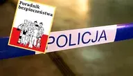 Biało-niebieska taśma z napisem policja i zdjęcie Poradnika bezpieczeństwa.