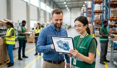 Zdjęcie przedstawia uśmiechniętych pracowników w magazynie (logistyka), symbolizujących różnorodność i integrację na polskim rynku pracy. Na ekranie tabletu widoczna jest infografika z mapą Polski, nawiązująca do najnowszego raportu GUS o zatrudnieniu obcokrajowców. Idealne jako miniatura do artykułów ekonomicznych i społecznych.