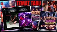 Kolaż zdjęć o sensacyjnym charakterze z dużym czerwonym napisem „TEMAT TABU” na górze. Grafika przedstawia zrzuty ekranu z mediów społecznościowych oraz plakaty promujące występy męskich grup tanecznych (Chippendales) z okazji Dnia Kobiet. Na zdjęciach widać muskularnych tancerzy oraz bawiące się kobiety w klubach nocnych. W centralnej części znajduje się zrzut ekranu posta z serwisu X (dawny Twitter), w którym autor łączy tego typu rozrywkę z problemami demograficznymi w Polsce, używając hashtagu #demongate. Niektóre twarze na zdjęciach są celowo rozmyte.