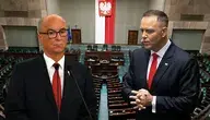 Prezydent Karol Nawrocki i marszałek Sejmu Włodzimierz Czarzasty na tle sali sejmowej.