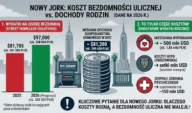 Infografika porównująca roczne wydatki Nowego Jorku na osobę bezdomną przebywającą na ulicy ($81 705 / ok. 301 500 PLN w 2025 r.) z medianą dochodów nowojorskiej rodziny (~$81 200 / ok. 299 600 PLN). Grafika pokazuje również dodatkowe koszty (mieszkania wspomagane, policja) oraz prognozę na rok 2026, z kluczowym pytaniem o efektywność systemu na tle rosnących wydatków.
