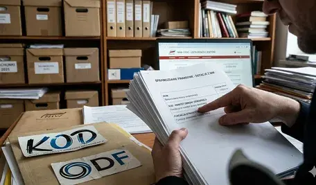 Działacz analizuje dokumentację dotacji z NIW w swoim biurze. Na biurku widać stosy dokumentów, w tym te dotyczące KOD-u i Fundacji Otwarty Dialog. W tle przez okno widać, co potwierdza, że scena ta dzieje się w innym miejscu niż Kłodzko, np. we Wrocławiu. Ta zmiana lokalizacji pozwala skupić się na dotacjach dla KOD i Fundacji Otwarty Dialog, co jest kluczowe dla artykułu.