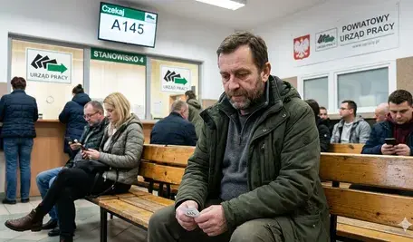 Fotografia przedstawia wnętrze poczekalni w polskim Powiatowym Urzędzie Pracy. Na pierwszym planie, na drewnianej ławce, siedzi zamyślony, brodaty mężczyzna w zielonej kurtce, patrzący na trzymany w dłoniach numerek. W tle widać inne oczekujące osoby oraz stanowiska obsługi z wyraźnymi napisami w języku polskim: „Czekaj A145”, „STANOWISKO 4”, „URZĄD PRACY” wraz z godłem Polski, co jednoznacznie wskazuje na kontekst poszukiwania zatrudnienia.