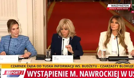 Marta Nawrocka przemawia w Białym Domu. Obok Brigitte Macron i Melania Trump