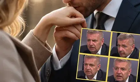 Mężczyzna całujący dłoń kobiety i zdjęcia twarzy Bartosza Arłukowicza