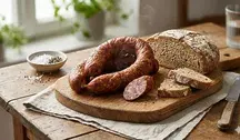 Tradycyjna polska kiełbasa wędzona ułożona w pęta na drewnianej desce obok bochenka wiejskiego chleba na zakwasie. W tle rustykalna kuchnia, naczynia z przyprawami oraz szklanka wody, oddające domową atmosferę.