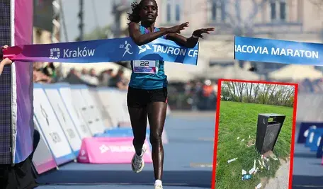Zwyciężczyni Kenijka Chelangat Sang na mecie TAURON 23. Cracovia Maratonu w stolicy Małopolski, a w tle obrazki z trasy 