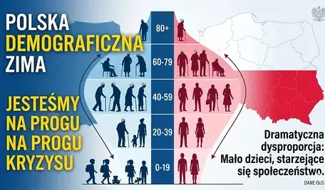 Infografika przedstawiająca kryzys demograficzny w Polsce w formie odwróconej piramidy wieku. Wyraźny podział na płeć (niebieski i różowy) oraz grupy wiekowe pokazuje drastycznie małą liczbę dzieci u podstawy i szeroki szczyt symbolizujący starzejące się społeczeństwo. Na grafice widoczna mapa Polski oraz napisy: „Polska demograficzna zima” oraz „Dramatyczna dysproporcja”.