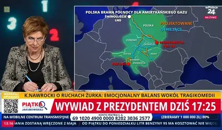 USA wspierają polskie dążenia do bycia liderem Europy. Mapa przedstawia zasięg gazociągów LNG, a w telewizji widzimy Aleksandrę Jakubowską, doświadczoną dziennikarkę 