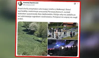 Screen z portalu X, na którym poinformowano, iż podczas Pierwszej Komunii Świętej w Wołkowyi w pobliżu kościoła pojawiły się dwa niedźwiedzie. Policja przez noc odstraszała zwierzęta sygnałami.