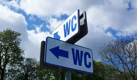 Tablice z napisem WC i strzałkami kierunkowymi do toalet publicznych, widok na niebo i drzewa w tle, ilustracja miejskich inwestycji sanitarnych