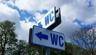 Tablice z napisem WC i strzałkami kierunkowymi do toalet publicznych, widok na niebo i drzewa w tle, ilustracja miejskich inwestycji sanitarnych