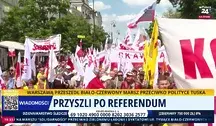 Biało‑czerwony marsz w Warszawie zorganizowany przez Solidarność przeciwko polityce Donalda Tuska i Zielonemu Ładowi. Uczestnicy niosą flagi narodowe i transparenty, domagając się przeprowadzenia ogólnokrajowego referendum i ochrony praw pracowniczych