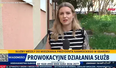 Reporterka Wiadomości wPolsce24 przed blokiem w Gdańsku, w którym znajduje się mieszkanie prezydenta Karola Nawrockiego