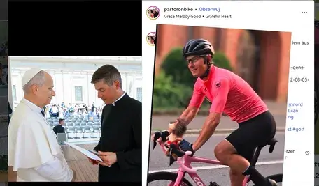 Ksiądz Paweł Nowak w czasie wizyty u Ojca Świętego i w czasie realizowanie swojej rowerowej pasji