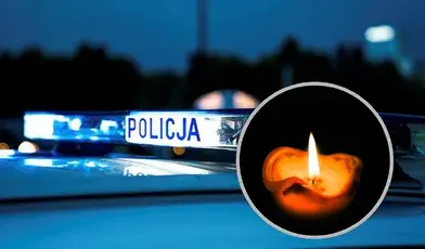 Radiowóz policyjny z włączoną sygnalizacją świetlną i zdjęcie palącej się świeczki na czarnym tle