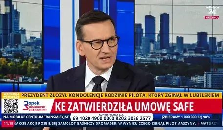 Premier Morawiecki: KE zatwierdziła umowę SAFE. „Ryzyko dla polskiej suwerenności” Premier Mateusz Morawiecki komentuje zatwierdzenie przez Komisję Europejską umowy SAFE, ostrzegając przed zagrożeniem dla polskiej suwerenności i bezpieczeństwa narodowego.