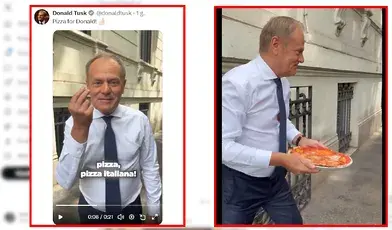 Donald Tusk biega z pizzą po rzymskiej ulicy 