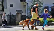 Kobieta spacerująca z dzieckiem i psem